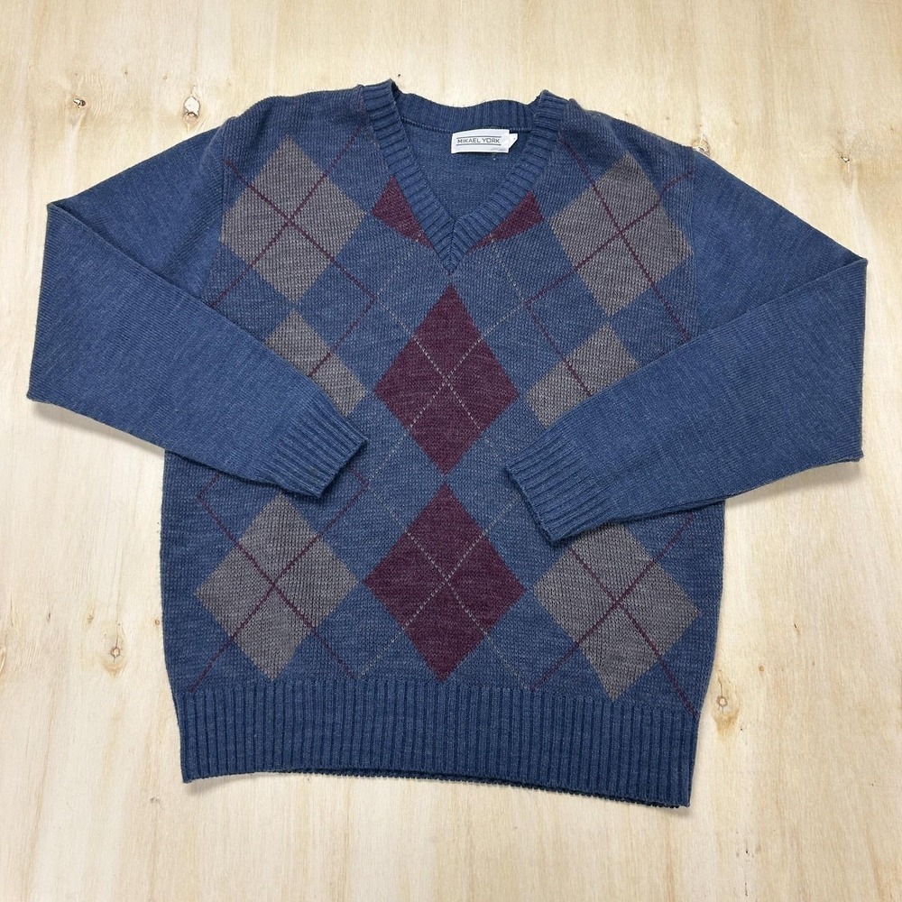Vintage Mikael York Sweater Mens Large Blue Argyle V Neck Tight Knit Pullover